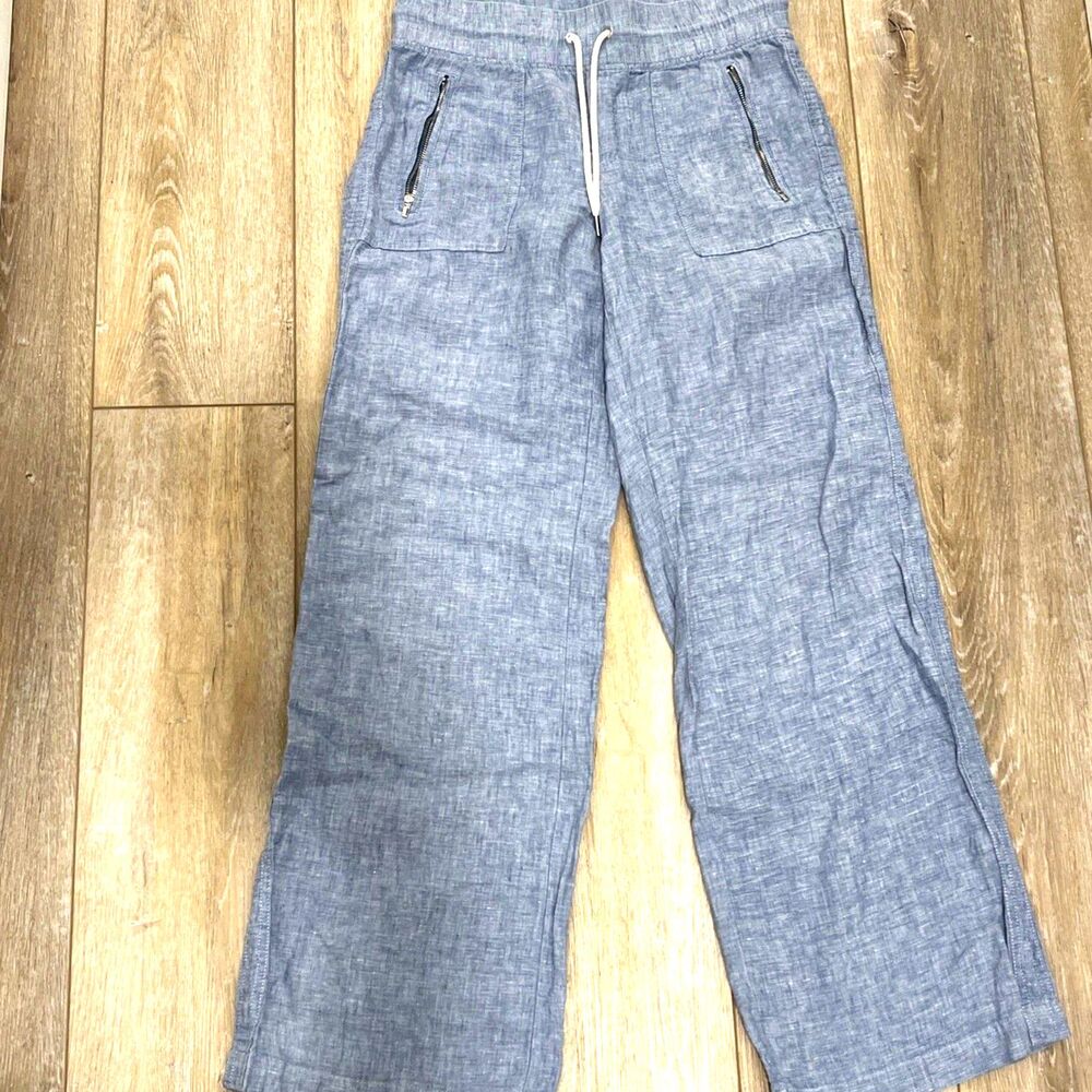 ATHLETA Cabo 100% Linen Wide Leg Pant Women Size 4 Tall Zip Pockets Drawstring